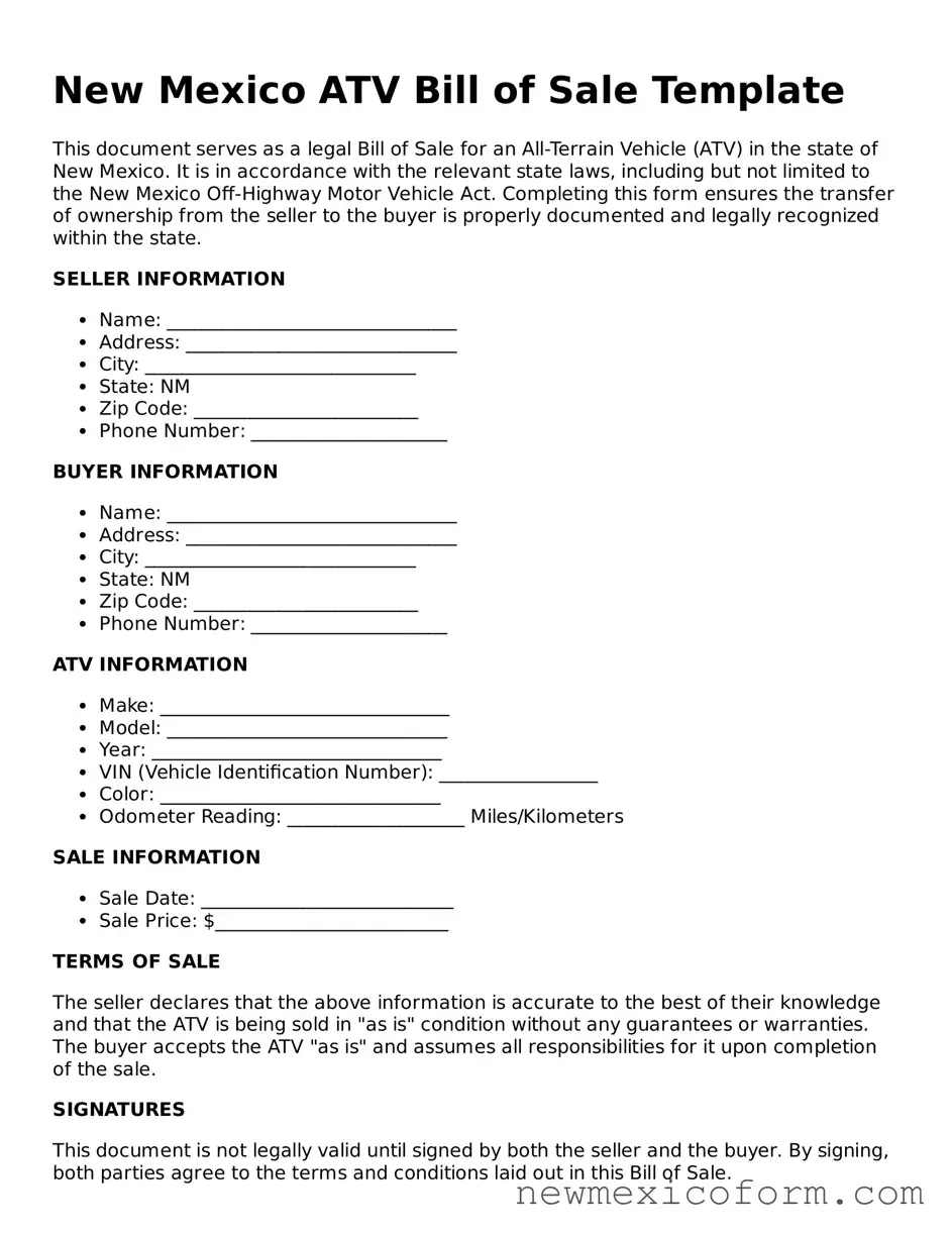 Official  ATV Bill of Sale Template for New Mexico