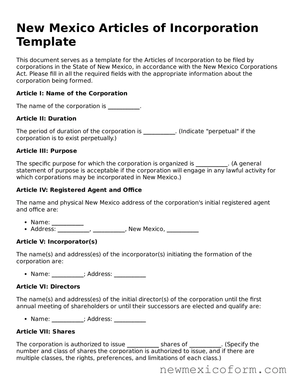 Official  Articles of Incorporation Template for New Mexico