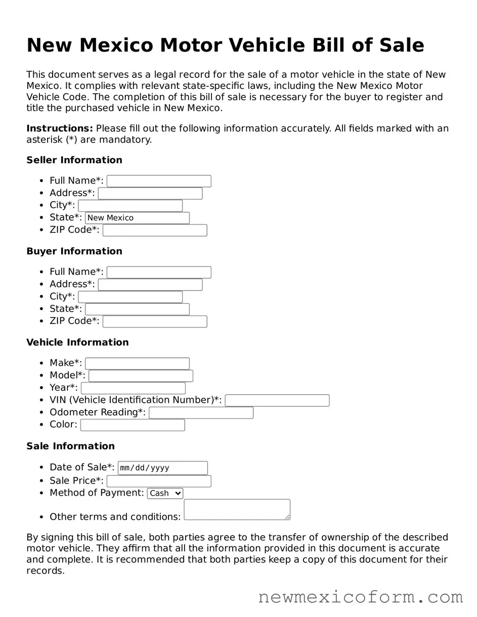 Official  Motor Vehicle Bill of Sale Template for New Mexico