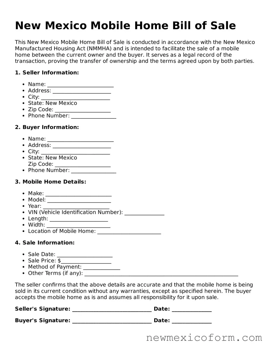 Official  Mobile Home Bill of Sale Template for New Mexico