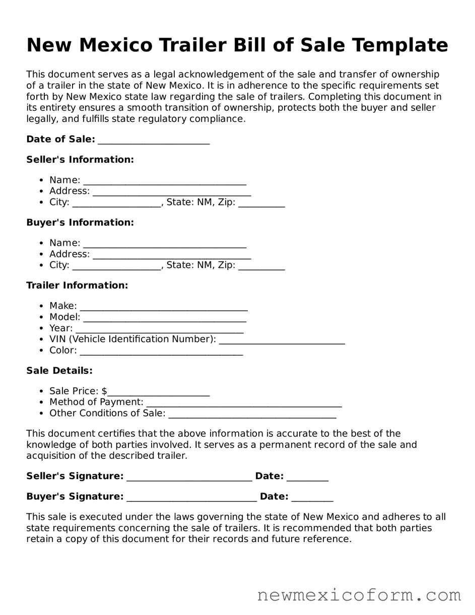 Official  Trailer Bill of Sale Template for New Mexico