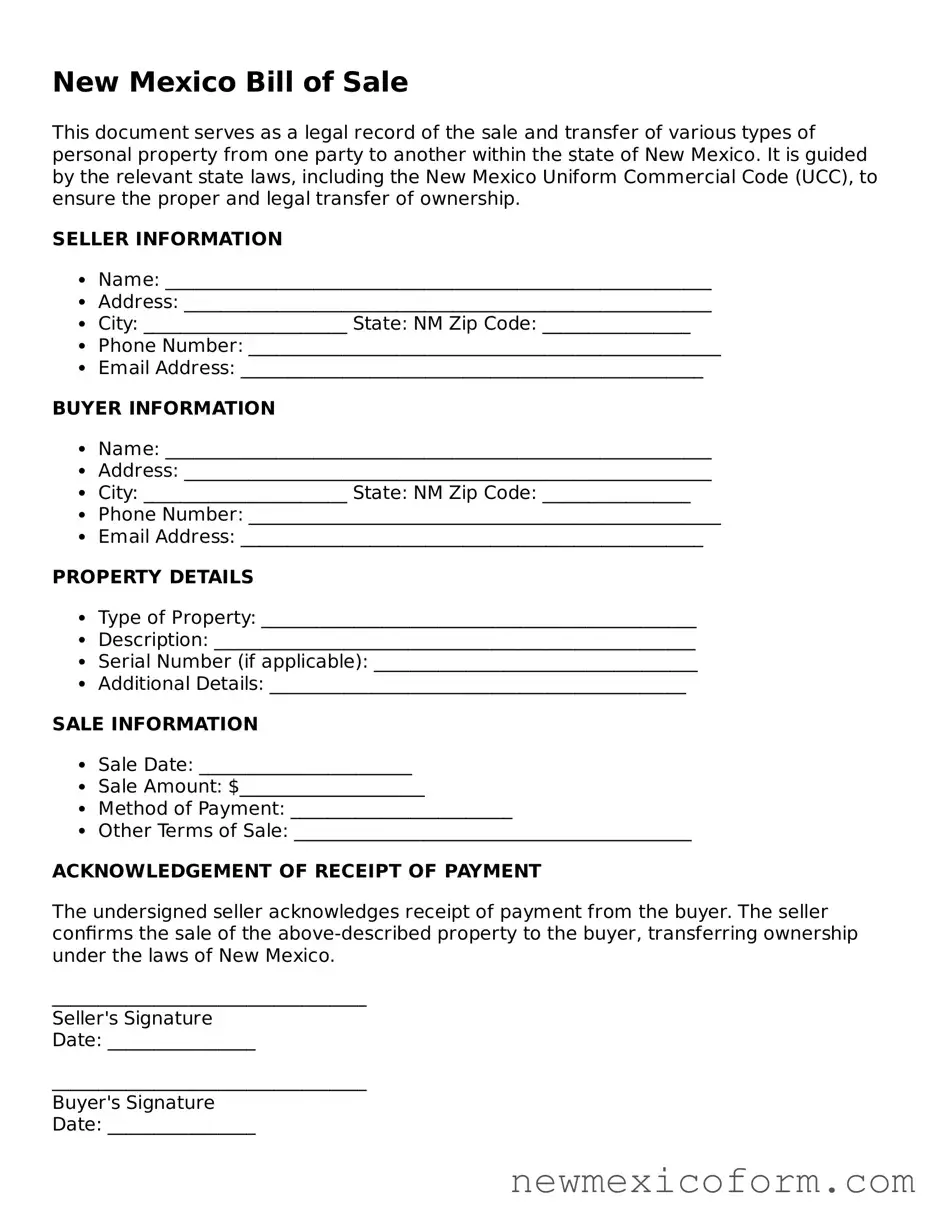 Official  Bill of Sale Template for New Mexico