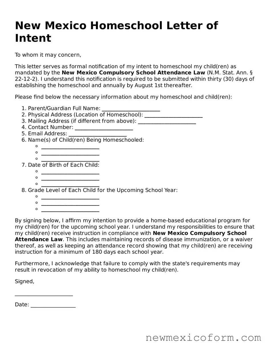 Official  Homeschool Letter of Intent Template for New Mexico