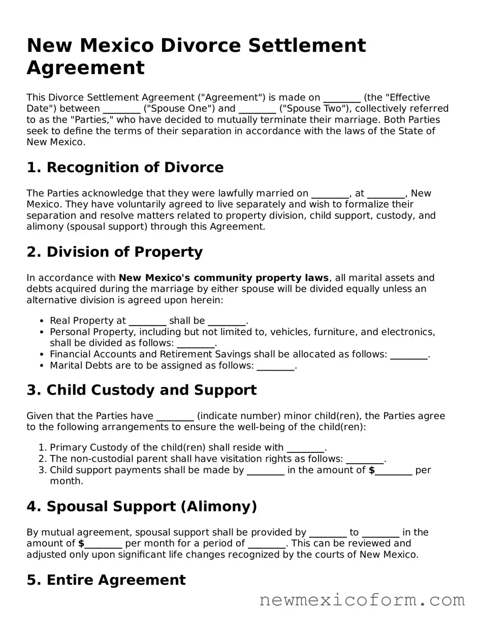 Official  Divorce Settlement Agreement Template for New Mexico