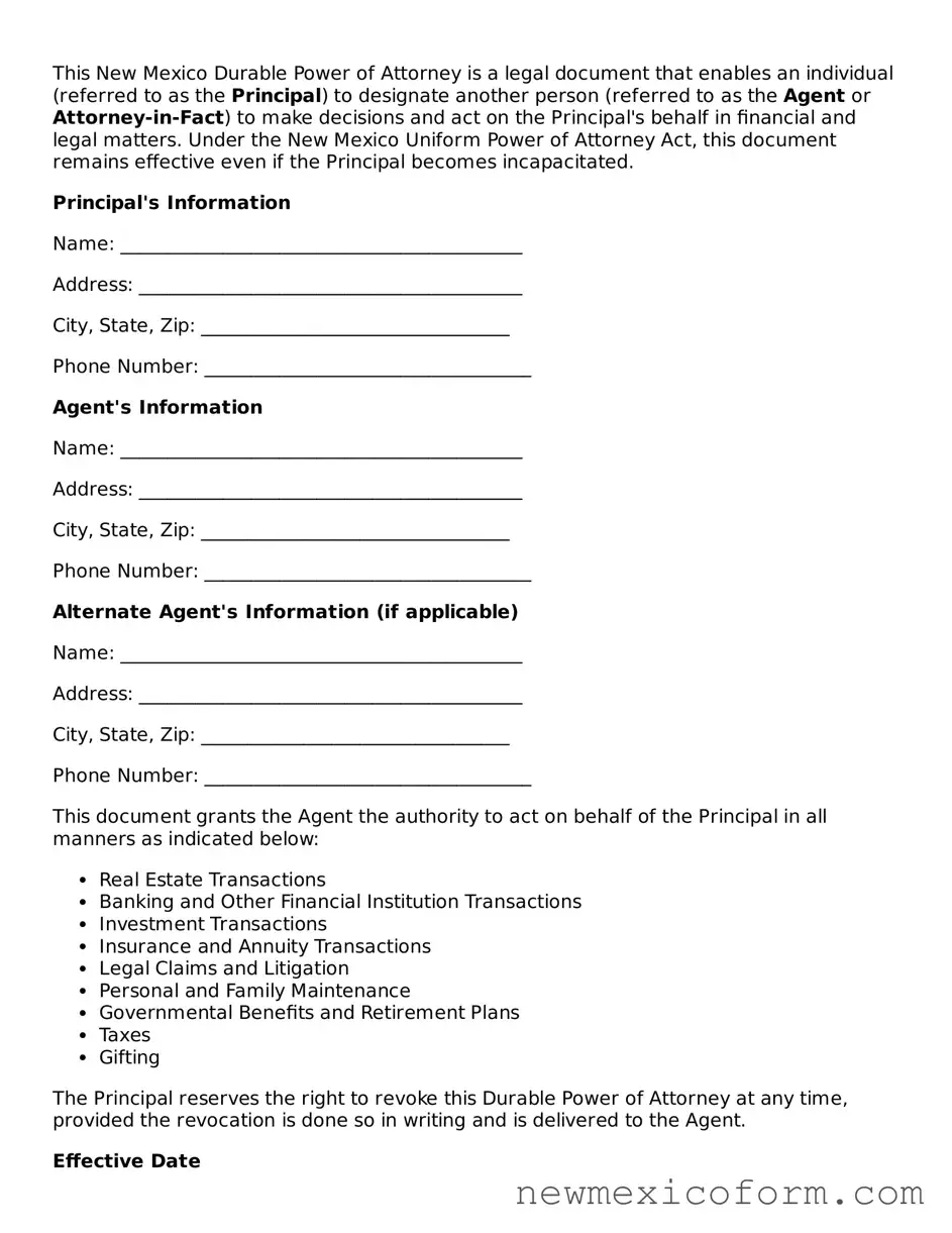 Official  Durable Power of Attorney Template for New Mexico