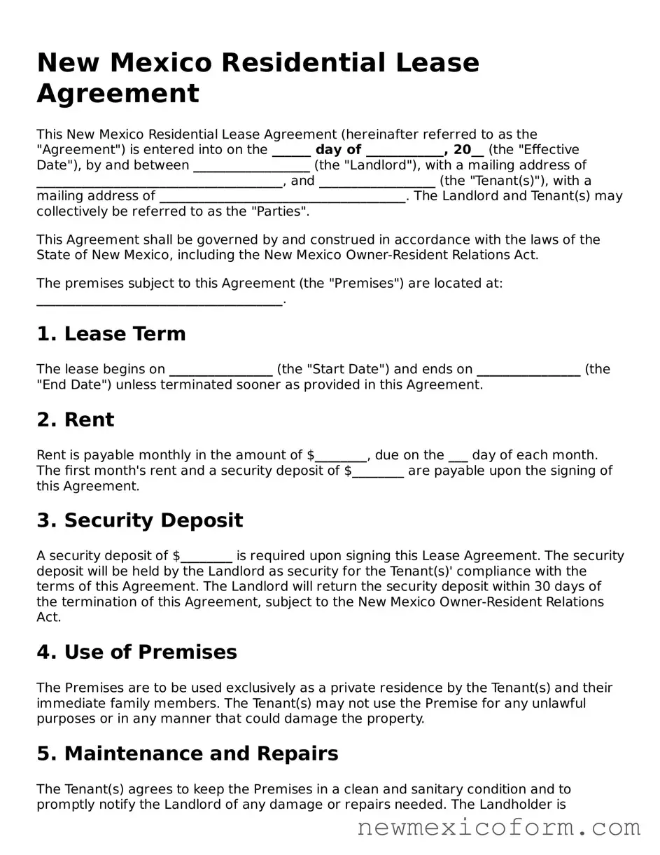 Official  Residential Lease Agreement Template for New Mexico