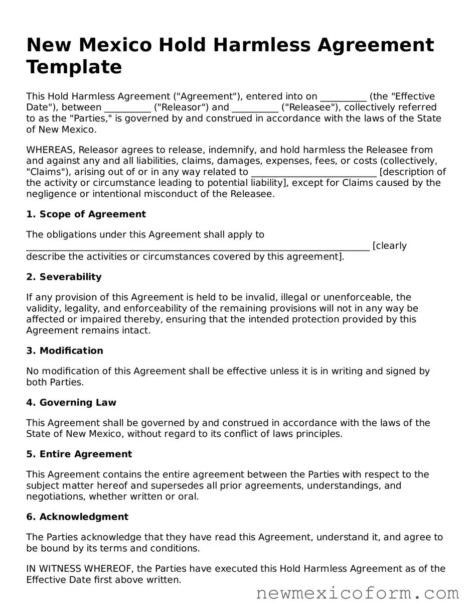 Official  Hold Harmless Agreement Template for New Mexico