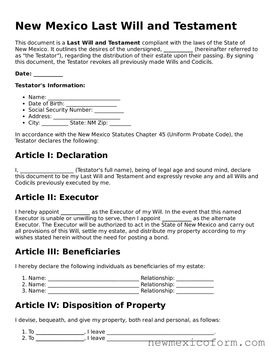 Official  Last Will and Testament Template for New Mexico