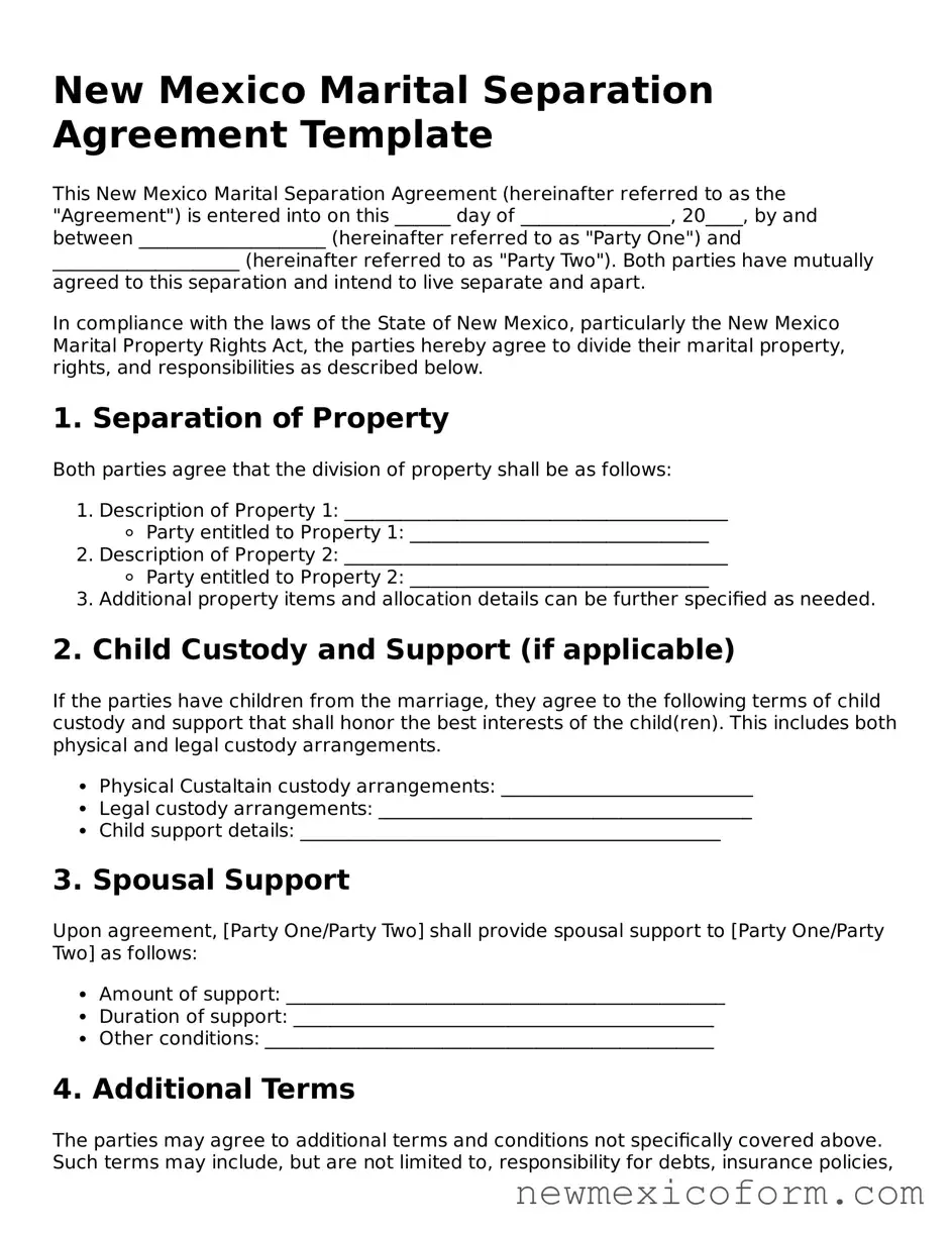 Official  Marital Separation Agreement Template for New Mexico