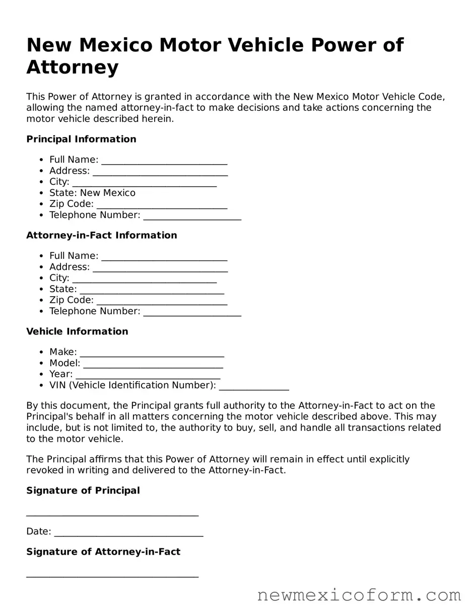 Official  Motor Vehicle Power of Attorney Template for New Mexico