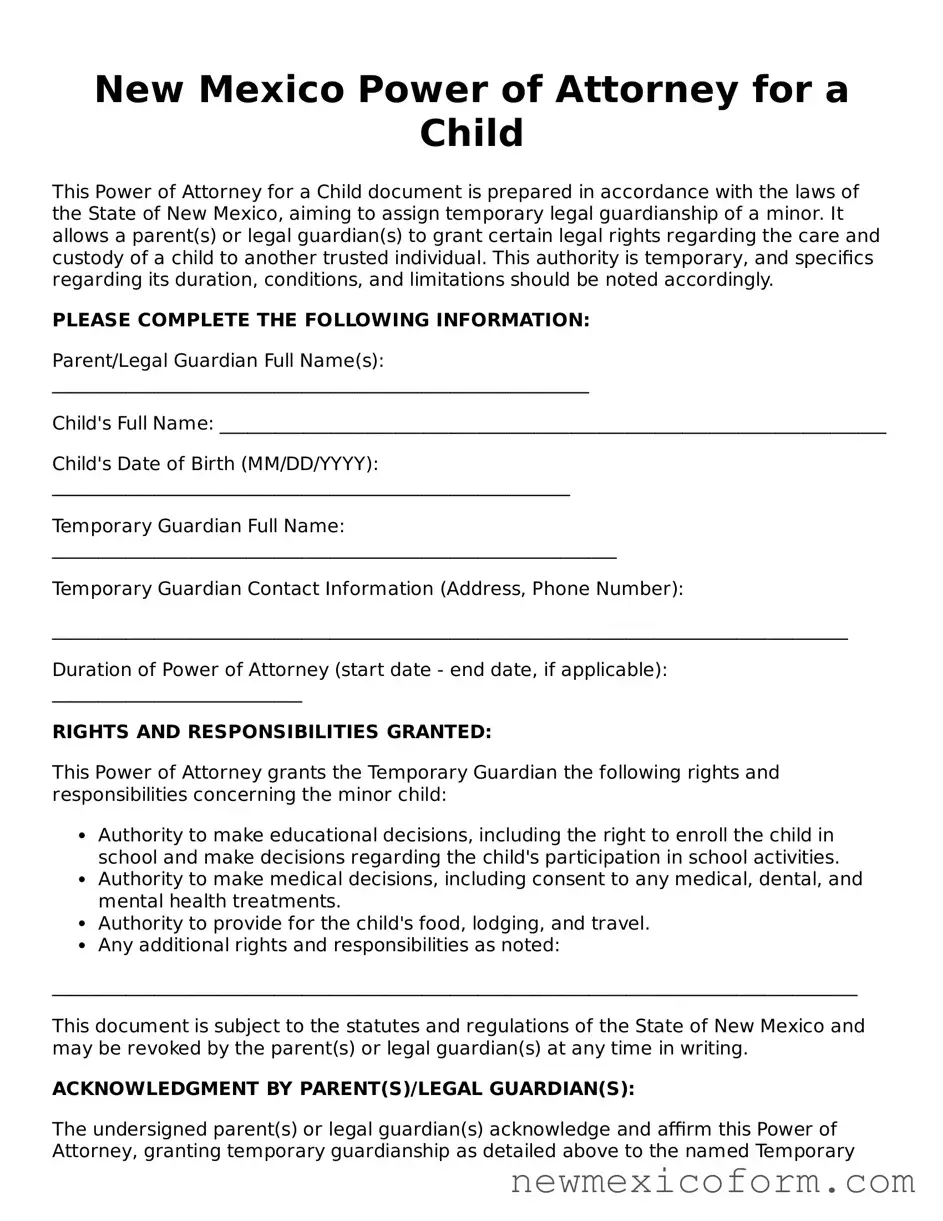 Official  Power of Attorney for a Child Template for New Mexico