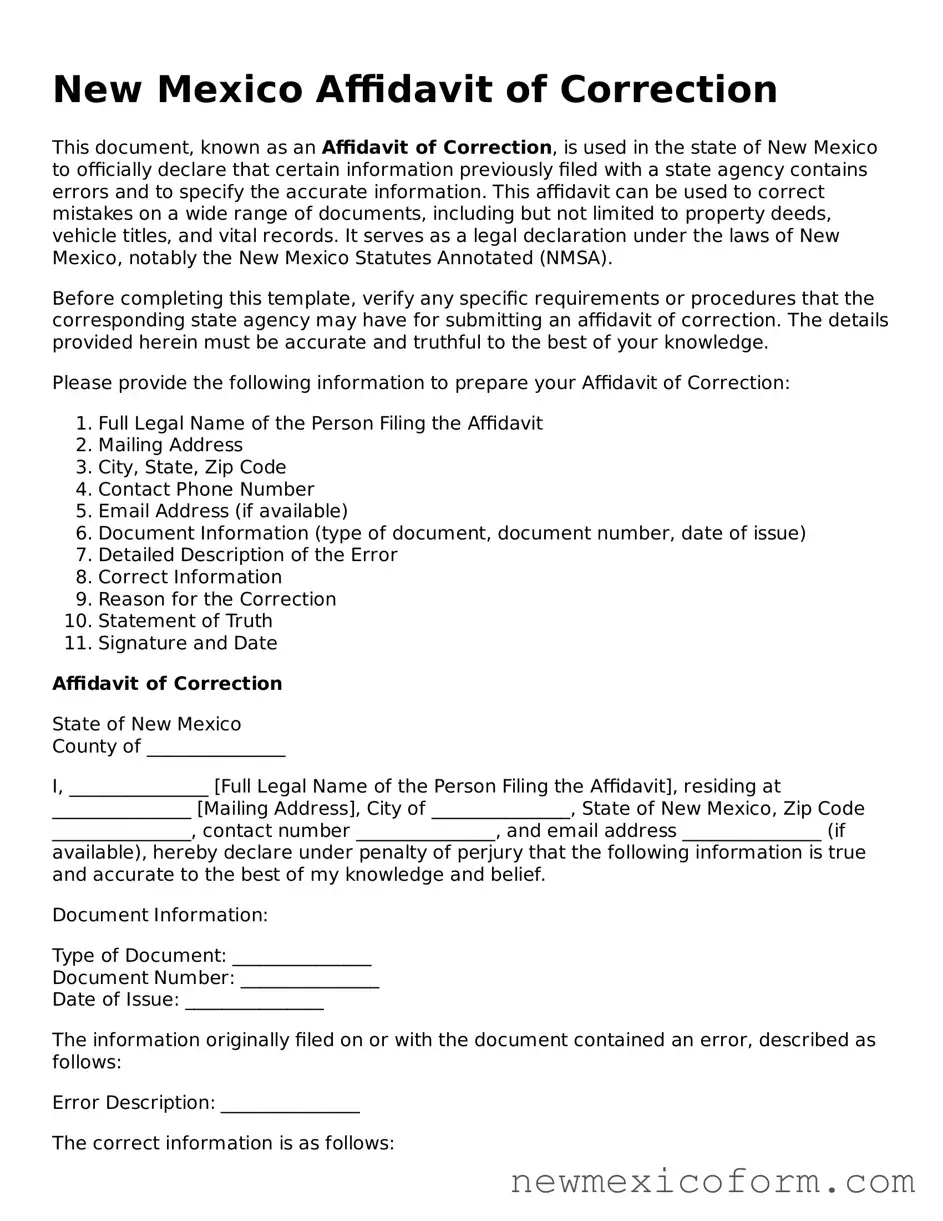 Official  Affidavit of Correction Template for New Mexico