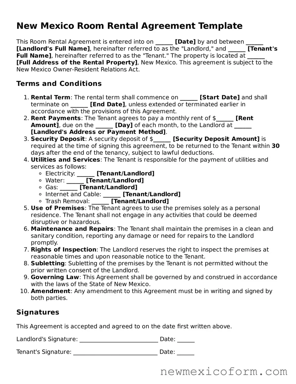 Official  Room Rental Agreement Template for New Mexico