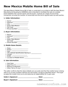 Official  Mobile Home Bill of Sale Template for New Mexico