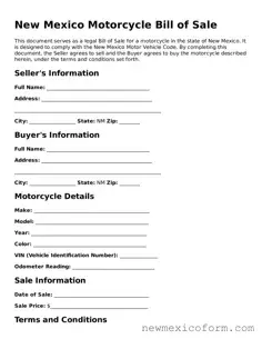 Official  Motorcycle Bill of Sale Template for New Mexico
