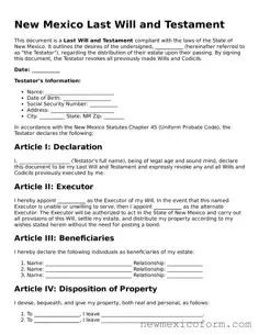 Official  Last Will and Testament Template for New Mexico